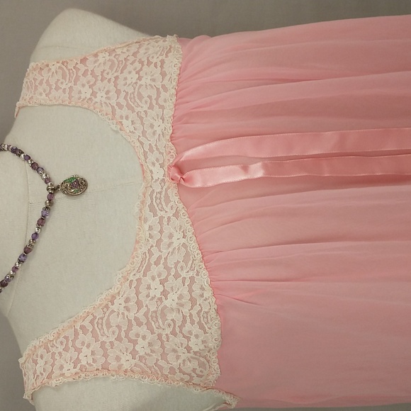 Vintage Candy Pink Nightgown Sheer over Opaque Lace w Ribbon Short Sleeveless - Picture 2 of 8